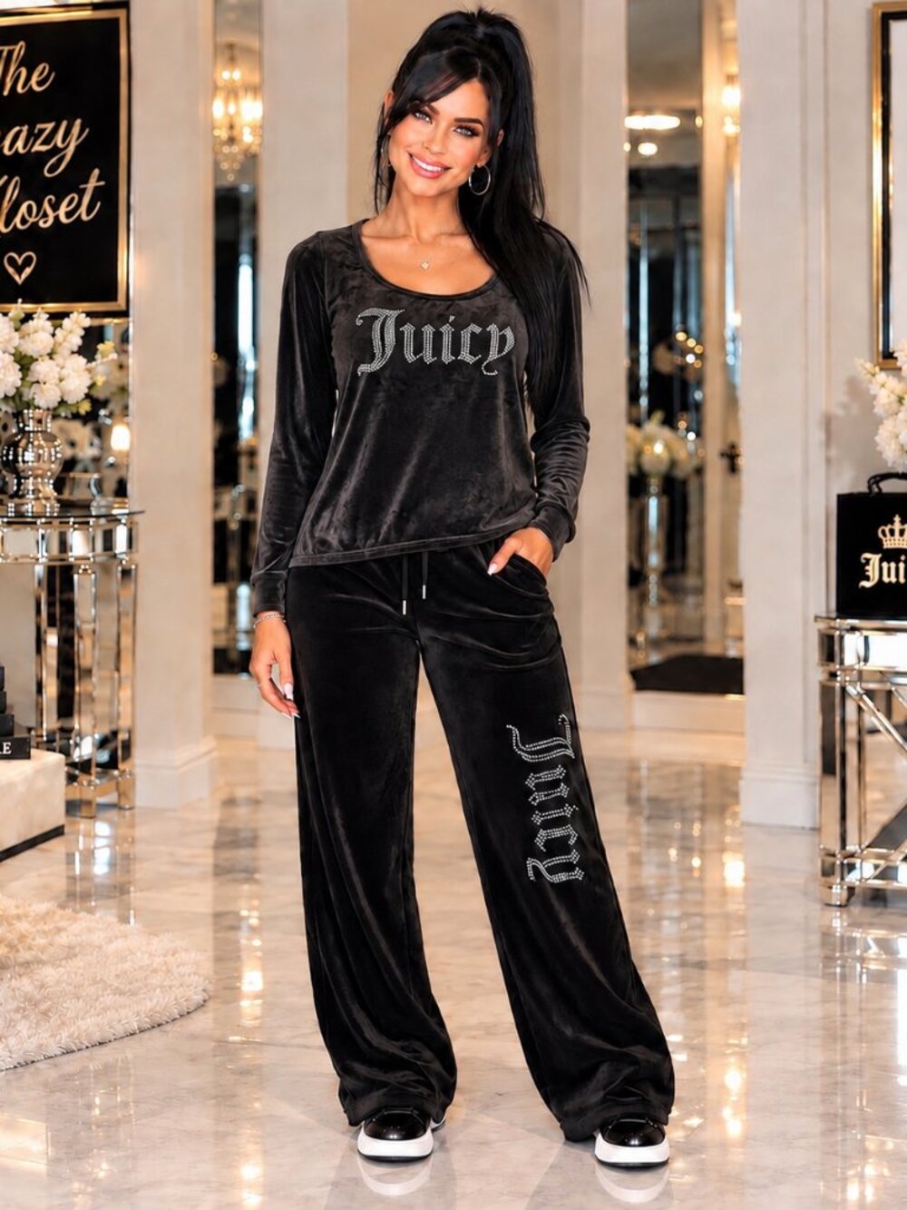 Juicy Couture Black Velour Long Sleeve Pull Over Top XL NWT